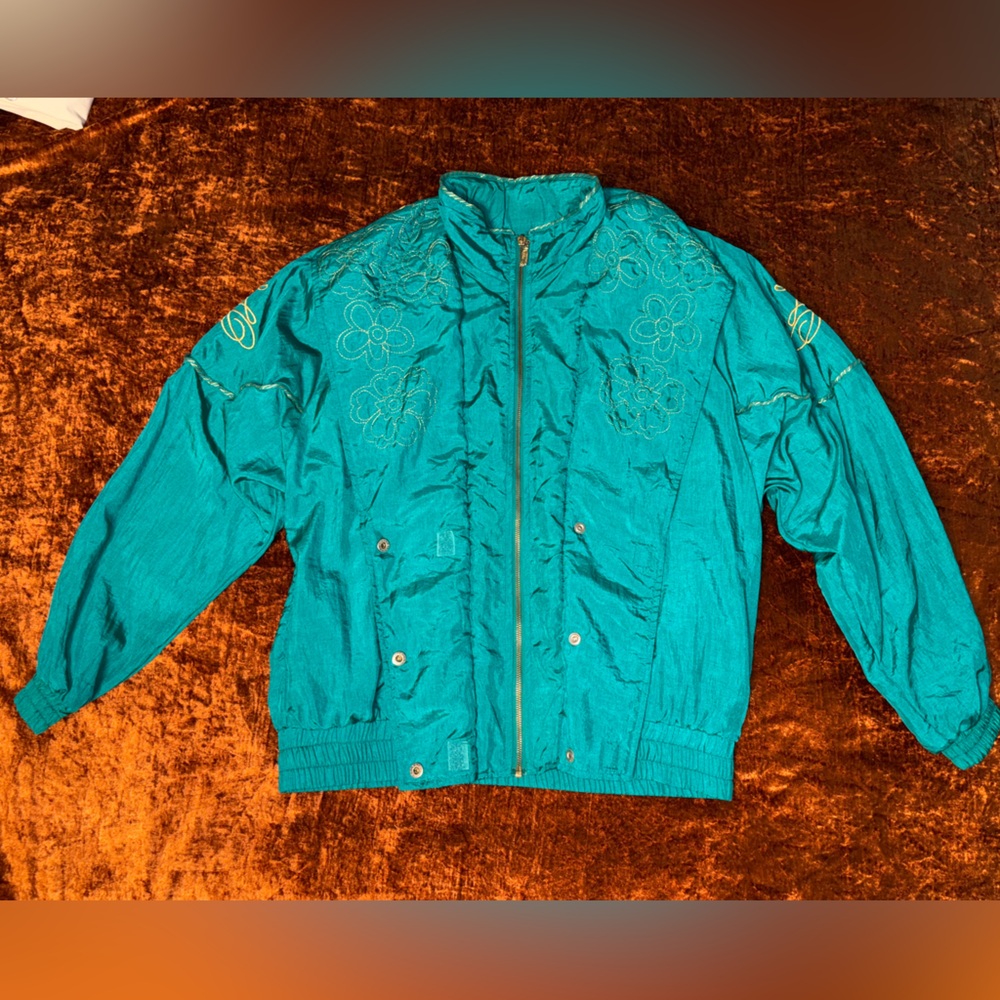 Vintage Teal Floral Embroidered Windbreaker